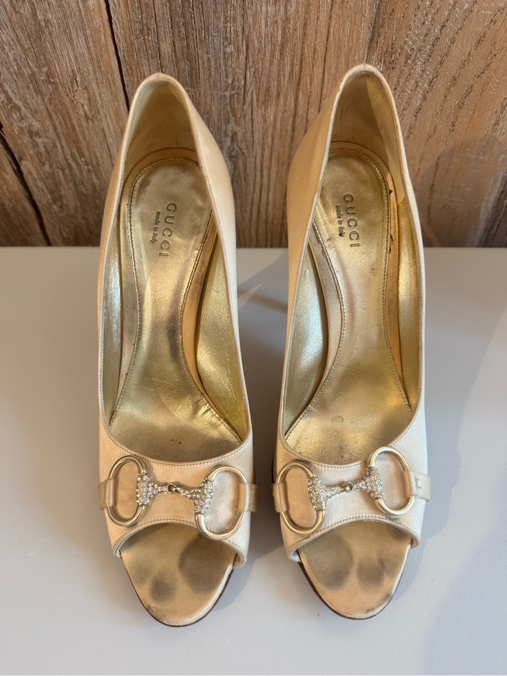 Gucci Cream Satin Peep-Toe Pumps with Crystal Horsebit Detail